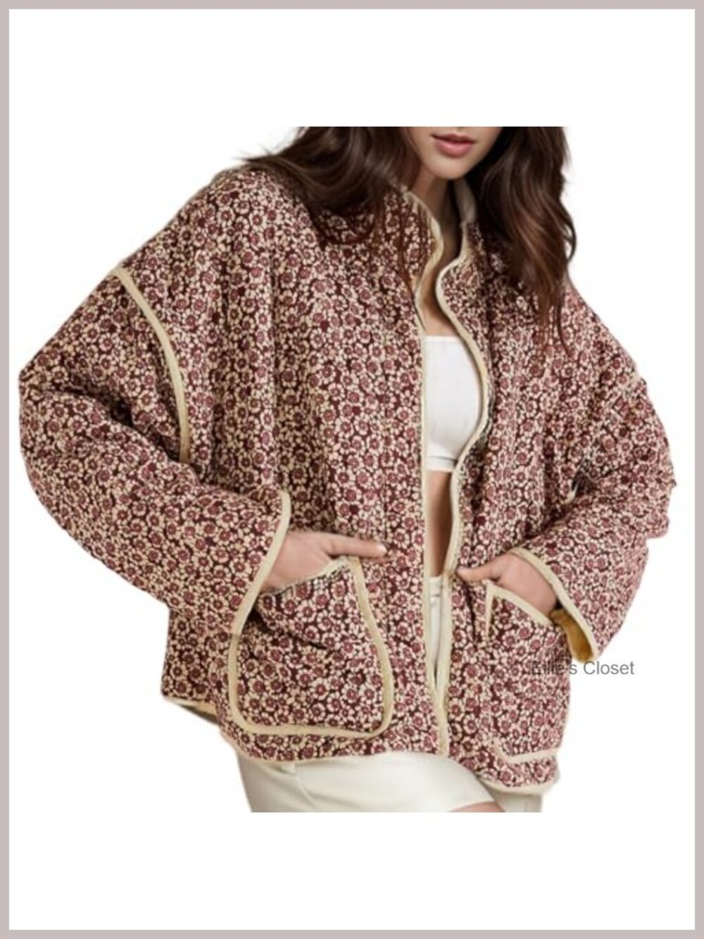 Women's Cropped Puffer Quilted Jacket Vintage Floral Print Open Front